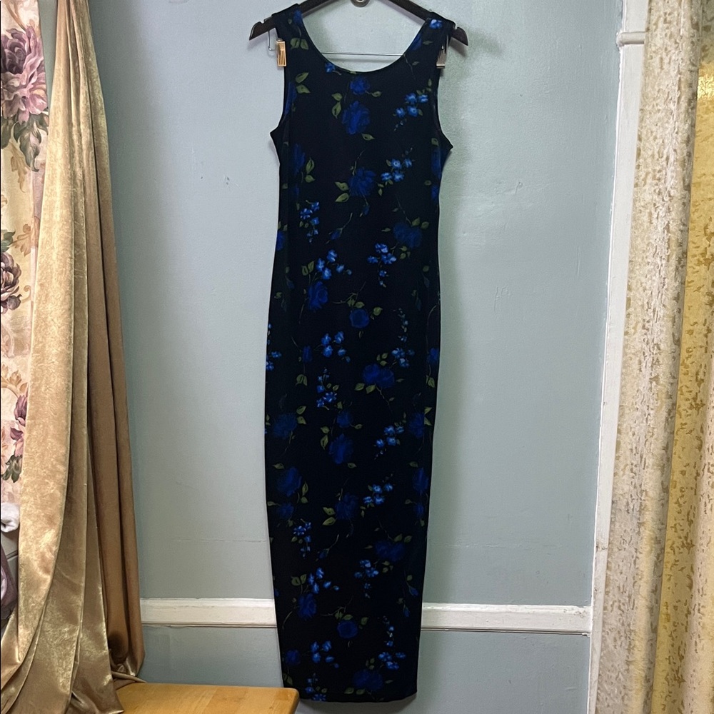 Vintage 90’s Elegant Velvet Floral Sleeveless Dress - Blue